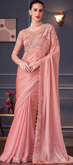 Pink and Majenta color Saree in Chiffon fabric with Embroidered, Resham, Sequence, Thread work Elegant Georgette Dupatta For Ceremony, Pink Saree With Zari Work For Ceremonies, Elegant Saree With Intricate Embroidery For Ceremony, Elegant Saree With Pallu For Ceremony, Elegant Ceremony Saree With Intricate Embroidery, Elegant Pink Saree With Lace Work, Elegant Semi-stitched Saree For Ceremonies, Elegant Embroidered Saree Fabric For Ceremonies, Reception Blouse With Traditional Drape And Lace Work