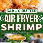 garlic butter air fryer shrimp is being served on a platter with dipping sauce