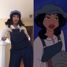 an image of a woman in overalls and hat next to the same character from disney's beauty and the beast