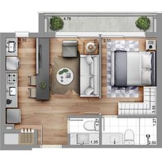 an overhead view of a bedroom and living room in a small apartment with wood flooring