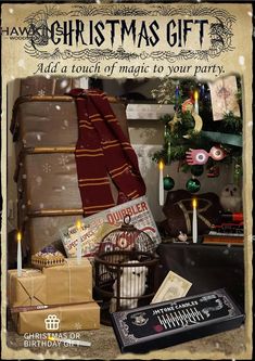 a harry potter christmas gift is on display in front of a pile of books and presents