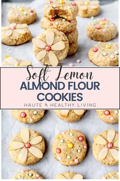 soft lemon almond flour cookies with sprinkles on top and the words soft lemon almond flour cookies above