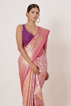 Shop for Aharin Pink Cottonshantoon Floral Handwoven Saree With Blouse for Women Online at Aza Fashions Onion Pink, Backless Blouse, Hem Blouse, Purple Blouse, Blouse For Women, Saree With Blouse, Blouse Online, Handloom Saree, Floral Motifs