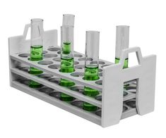 a white rack with green beakles and flasks in it on a white background