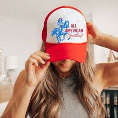 All American Cowgirl Trucker Hat is such a cute piece for the summer and all year round!  Its the perfect western accessory for any cowgirl  Adjustable snap back foam trucker 4th Of July Trucker Hat, American Cowgirl, Trucker Hat Fashion, American Sweetheart, Country Hats, Hat Western, Western Accessories, Set Apart, Country Concert