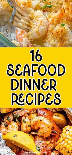 seafood dinner with shrimp and corn on the cob is shown in this collage