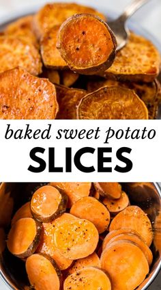 baked sweet potato slices in a bowl with text overlay