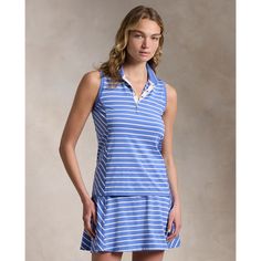 Crafted with lightweight stretch jersey this sleeveless Tailored Fit Polo shirt combines a paneled construction with a striped motif and contrast tipping at the collar. Our “RLX” logo is printed at the right shoulder and engraved at the metal snaps. Sporty Striped Sleeveless Top, Sporty Sleeveless Striped Tops, Casual Sleeveless Top With Contrast Stripes, Sleeveless Cotton Tank Top With Contrast Stripes, Cotton Sleeveless Tank Top With Contrast Stripes, Cotton Golf Tops With Contrast Stripes, Sporty Striped Sleeveless Tank Top, Sporty Summer Tops With Striped Collar, Fitted Sleeveless Top With Contrast Stripes