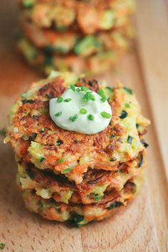 a stack of food on top of a wooden table