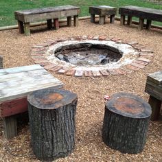 an outdoor fire pit surrounded by wooden benches