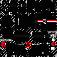 a black background with white and red symbols