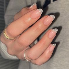 Glitter French Nails, Prom Nails Silver, Hoco Nails, Glitter Tip Nails, New Years Eve Nails, French Tip Nail Designs, Formal Nails, Winter Nails Acrylic, Her Nails