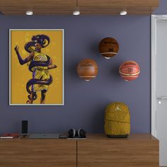 a basketball themed room with purple walls and yellow artwork on the wall, along with several basketballs