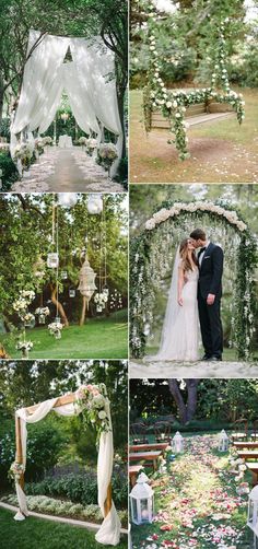 a collage of photos with flowers and greenery in the background, including an outdoor ceremony