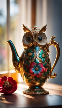 an owl shaped teapot sitting on top of a table next to a red flower