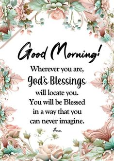 a card with the words good morning and flowers on it, in front of a white background