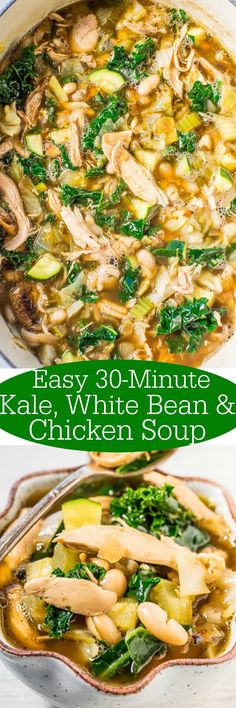 chicken and white bean soup with spinach in a pot on the side is shown