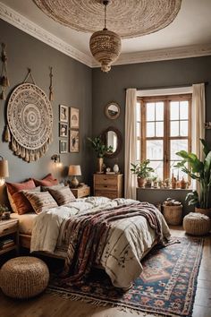 Transform your bedroom into a cozy boho haven with these 20 ideas! Discover dreamy prints, warm textures, and unique accents that create a space of serenity and relaxation. Get inspired today and start decorating your own bohemian retreat! Carpet Ideas For Bedroom, Unique Bedroom Design Interiors, Master Bedrooms Decor Cozy Relaxing, Japandi Boho, Unique Bedroom Ideas, Bohemian Bedroom Inspiration, Bedroom Carpets, Gray Bedroom Walls, Boho Bedroom Design