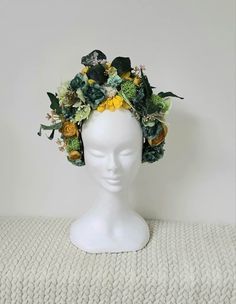 Unique headdress made using artificial flowers and various decorations Adapts to all head sizes Flowers Green, Yellow Tones, Costume Hats, Green And Yellow, Headdress, Costume Accessories, Artificial Flowers, Headpiece, France