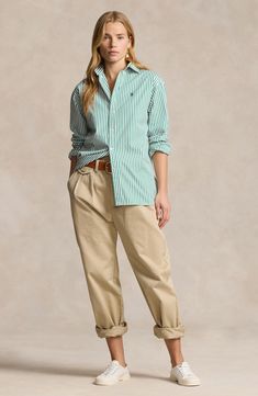 Polo Ralph Lauren Stripe Button-Up Shirt | Nordstrom Polo Ralph Lauren Outfits, Sweatpants And Sweater, Beige Pants, Ralph Lauren Style, Ralph Lauren Long Sleeve, Ralph Lauren Outfits, Rugby Shirt, College Outfits, Sport Coat