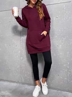 Maroon Casual  Long Sleeve Polyester Plain Pullovers Embellished Medium Stretch Spring/Fall Women Sweatshirts Stretch Sweatshirt With Kangaroo Pocket For Fall, Fall Sweatshirt With Kangaroo Pocket And Stretch, Fall Stretch Sweatshirt With Kangaroo Pocket, Athleisure Hoodie With Drawstring Hood For Fall, Athleisure Fleece Hoodie With Drawstring, Solid Color Long Sleeve Hoodie With Drawstring, Fleece Hoodie With Drawstring And Crew Neck, Winter Fleece Sweatshirt With Drawstring, Fall Solid Sweatshirt With Drawstring