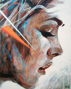 an abstract painting of a woman's face with lines coming out of her eyes