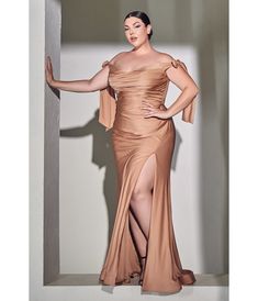 Plus Size Desert Rose Off The Shoulder Tie Prom Gown - Unique Vintage - Womens, DRESSES, PROM AND SPECIAL OCCASION Plus Size Silk Dress, Night Dress Plus Size, Matric Dance, Cinderella Divine, Off Shoulder Gown, Plus Size Prom, Guest Attire, Fantasy Theme, Bridesmaid Dresses Prom