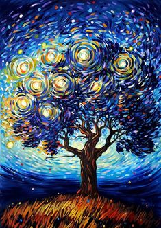 a painting of a tree with stars in the sky