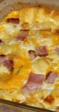 a casserole dish with ham and cheese