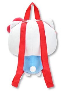 a white backpack with red straps and a hello kitty stuffed animal on it's back