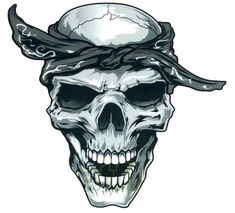 a skull with horns and a bandana on it's head is seen in this image