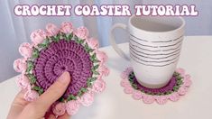 a crochet coaster and coffee cup holder on a table with the words crochet coaster