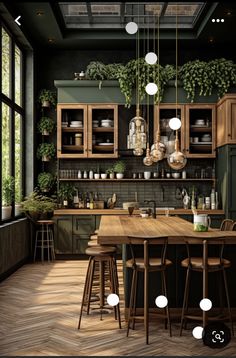 an image of a kitchen setting with plants on the wall and wooden flooring in it