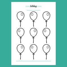 a birthday card with balloons and the words happy on it in black ink, against a teal green background