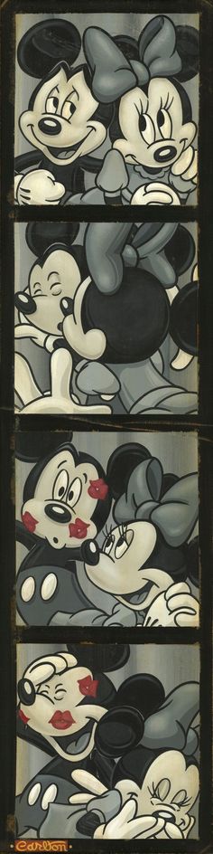 mickey and minnie mouses are depicted in an old style window pane, with the faces