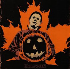 a person holding a jack o lantern in front of an orange and black background with the words halloween written on it