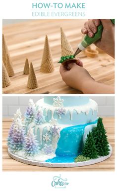 an image of how to make a three tier frozen birthday cake with edible evergreens