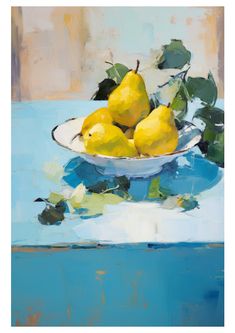 a painting of pears in a bowl on a table