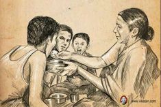 a drawing of three people and a child in front of a man holding a bowl