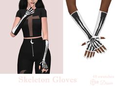 an image of a woman wearing skeleton gloves and holding her hands out to the side