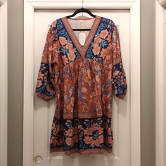 This Is A New, Unbranded Dress With Original Tag 3/4 Sleeve, Loose Waist Floral Boho/Prairie Dress It's Very Lightweight And Fabric Feels Silky/Slippery So It Would Be A Nice Sun Dress Women's Size Large Measurements: Armpit To Armpit 21" Length (Neckline To Hem) 35" Neckline To Sleeve Bottom 24: Orange 3/4 Sleeve Summer Dress, Orange Summer Dress With 3/4 Sleeve, Summer Orange Dress With 3/4 Sleeves, Casual Boho Print Dresses With 3/4 Sleeve, V Neck Mini Dress, Prairie Dress, Source Unknown, Sun Dress, Boho Women