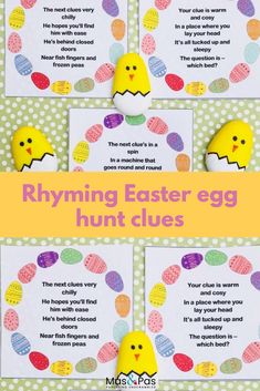 an easter egg hunt game with eggs on it and the words rhyming easter egg hunt