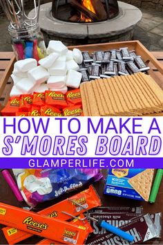 an outdoor campfire with marshmallows, s'mores and other snacks