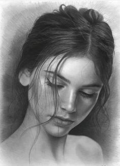 a pencil drawing of a woman's face with her hair blowing in the wind