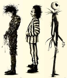 three different drawings of people dressed in halloween costumes, one with a creepy face and the other with hair