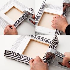 the process of making a frame with tape and scissors is shown in three different pictures