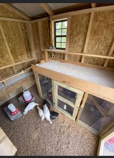 the inside of a chicken coop with two chickens in it and one laying on the floor