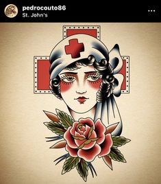 an old school tattoo design with a woman's face and cross on the side