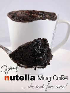 a close up of a spoon with a piece of cake in it and the words nutella mug cake dessert for one