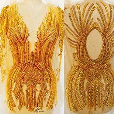 the back and side of a yellow beaded dress with large, intricate details on it